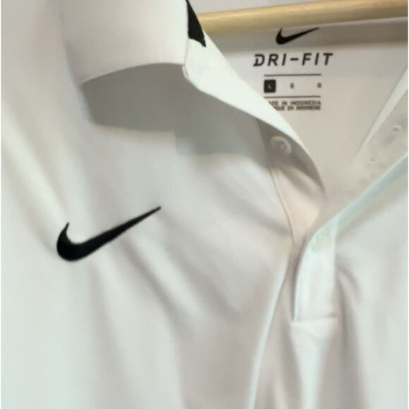 NIKE Dri-fit Men’s Golf Polo Short Sleeved shirt White with Black Logo‎ Sz Large - Picture 3 of 11